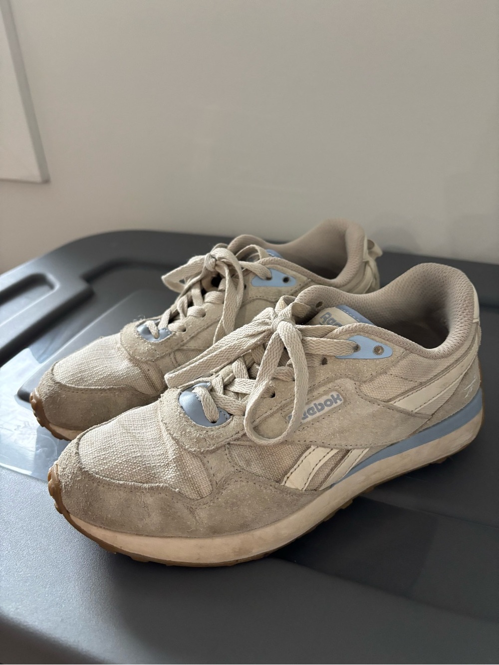 Reebok women’s Beige with Light Blue Accent Sneakers